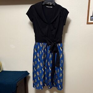 Eshakti women’s  Black and Blue Owl Shawl Neck Fit and Flare Dress sz 12 NWOT 🦉